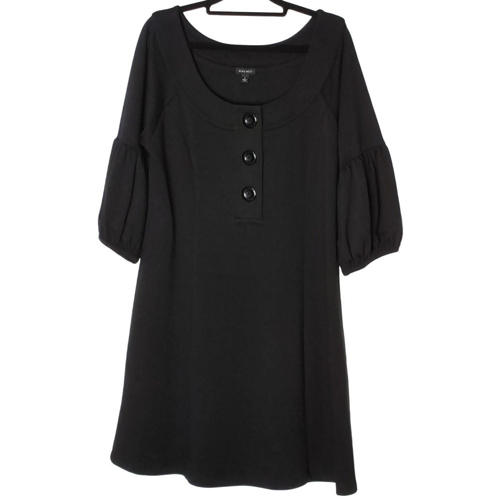 Nine West Shift Dress Women Large Black 3/4 Puff Sleeve Scoop Neck Button Detail